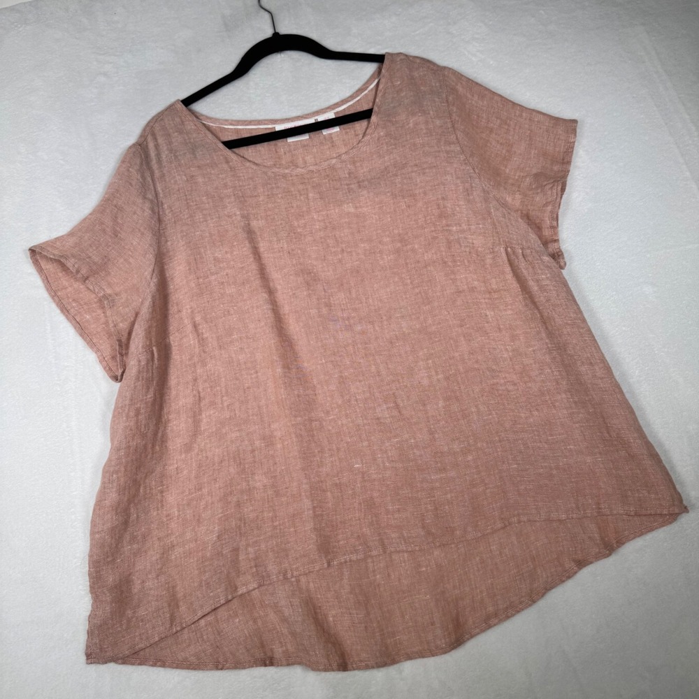 Isaac Mizrahi Womens 2X Pink 100% Linen Short Sleeve High Low Hem Top Blouse